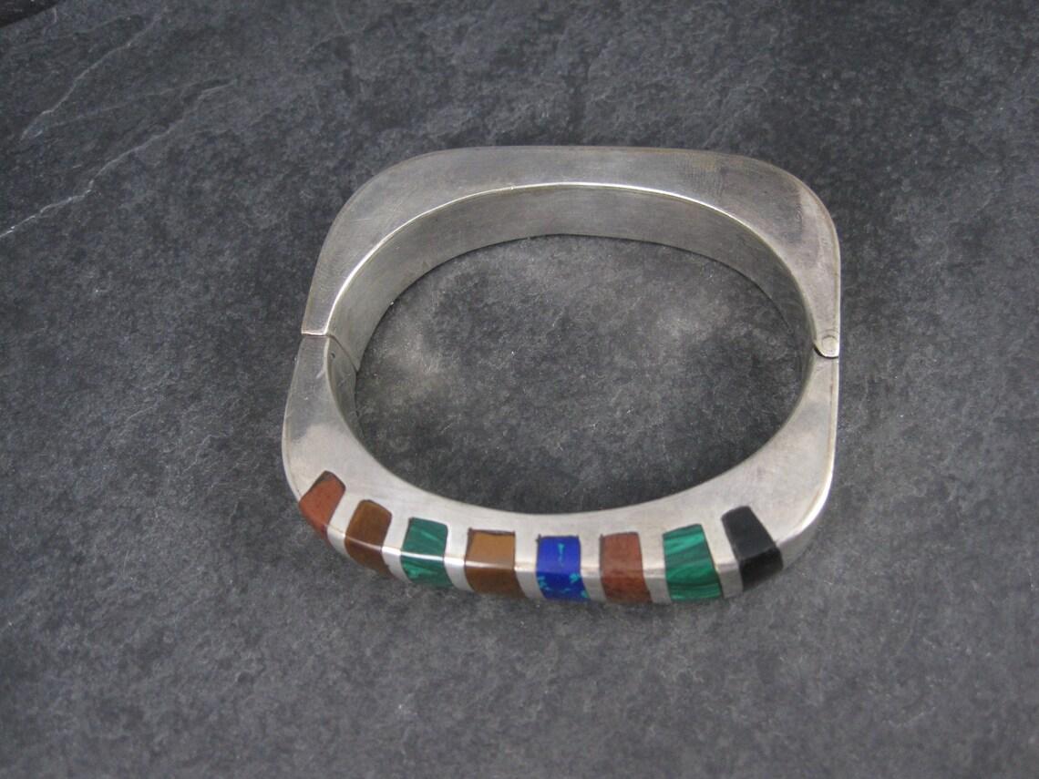 Heavy Vintage Mexican Sterling Inlaid Bangle Bracelet For Sale 4