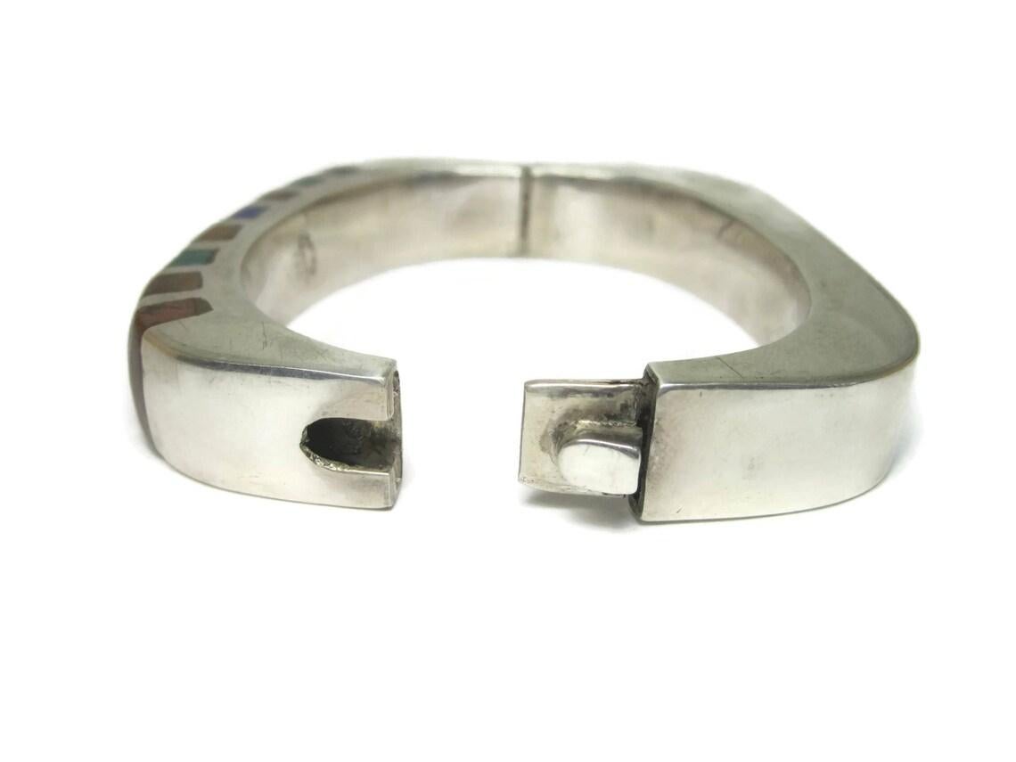 Heavy Vintage Mexican Sterling Inlaid Bangle Bracelet For Sale 2