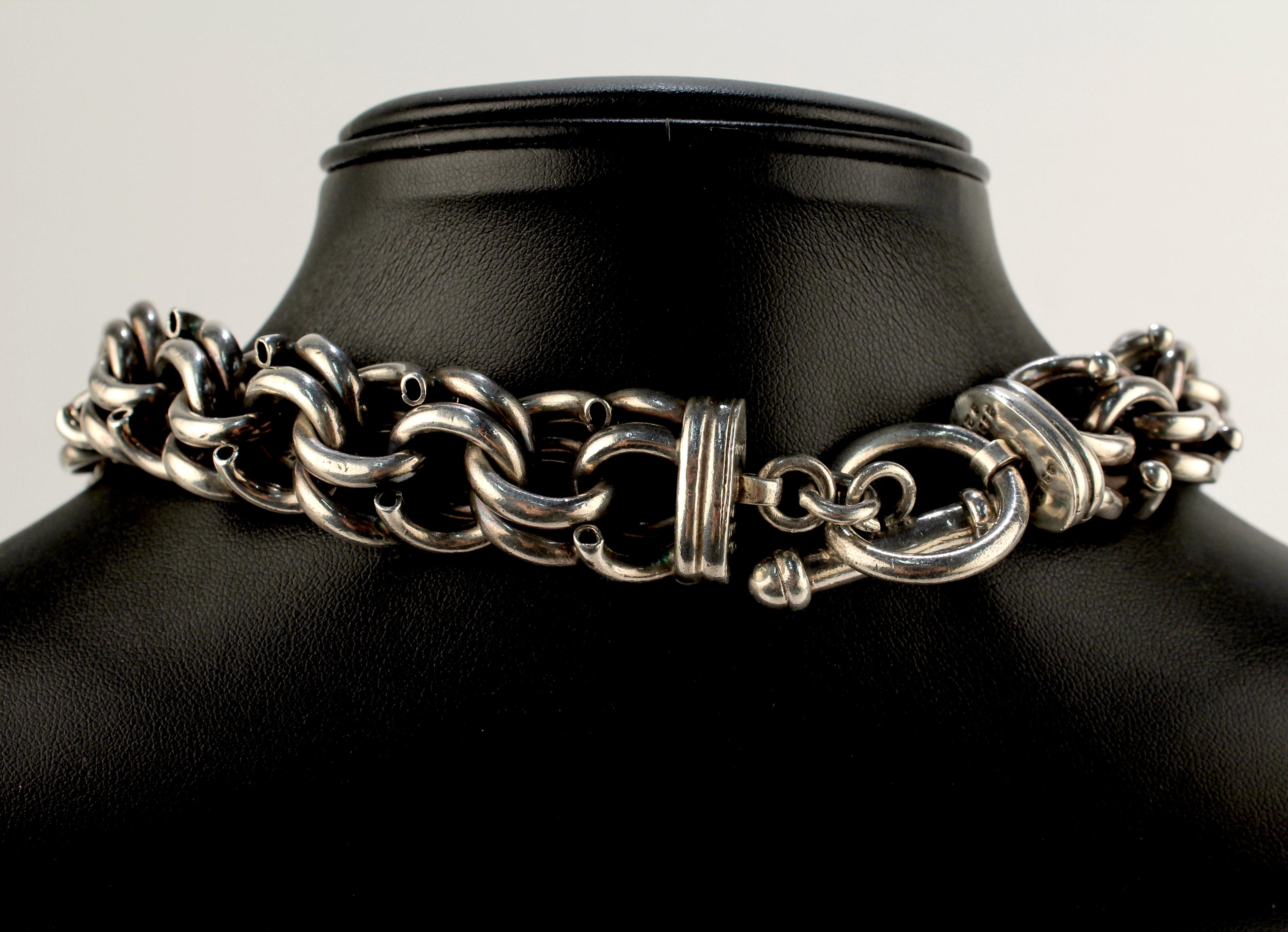 Modern Heavy Vintage Mexican Sterling Silver Dog Chain Choker Necklace