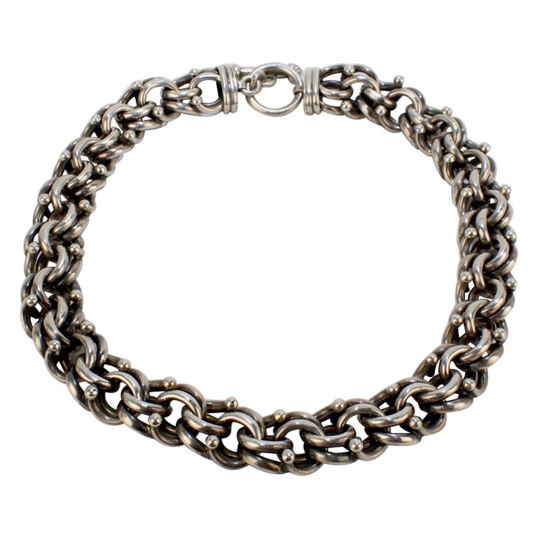 Heavy Vintage Mexican Sterling Silver Dog Chain Choker Necklace at 1stDibs