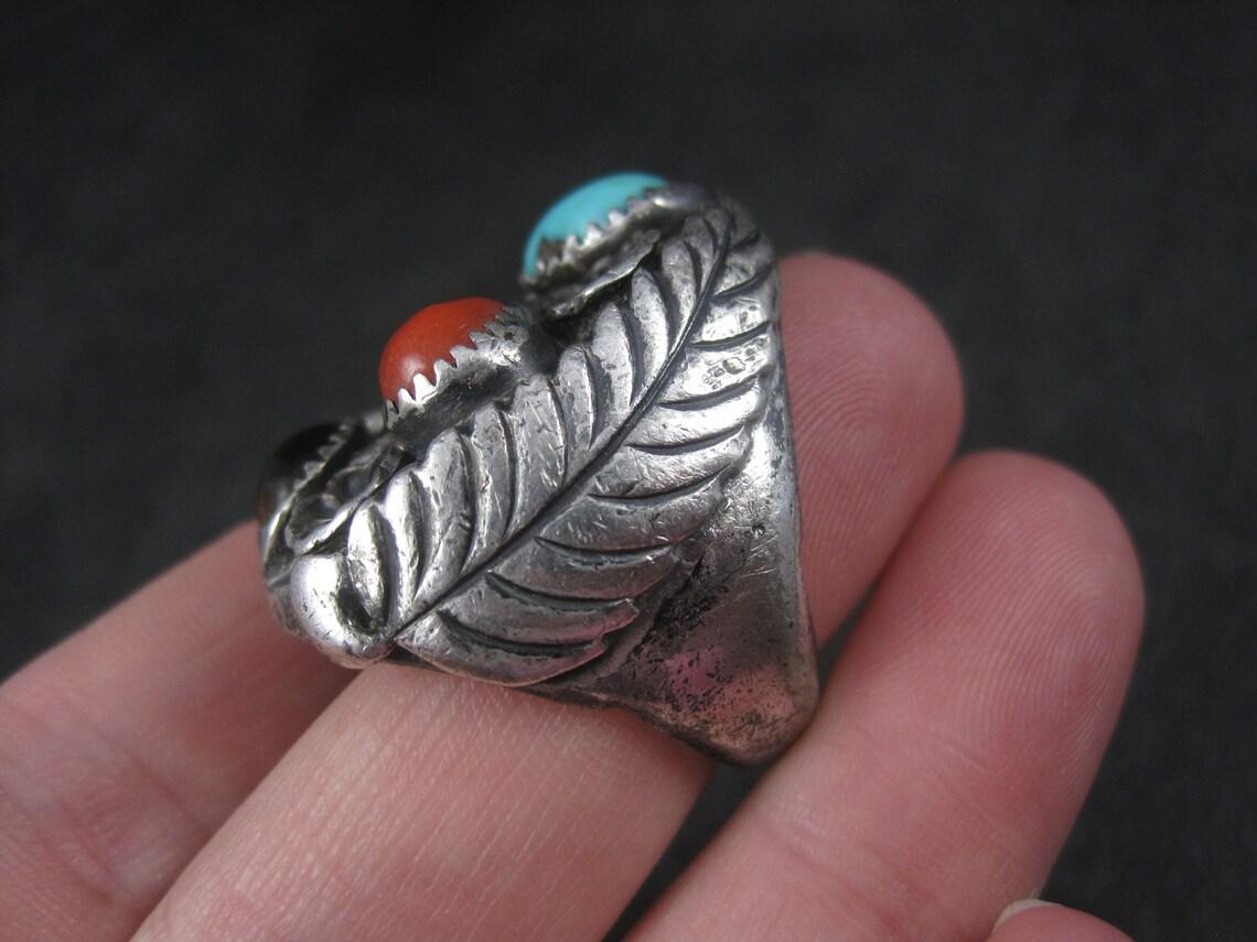 Heavy Vintage Navajo Coral Turquoise Tigers Eye Ring Frances Jones For Sale 2