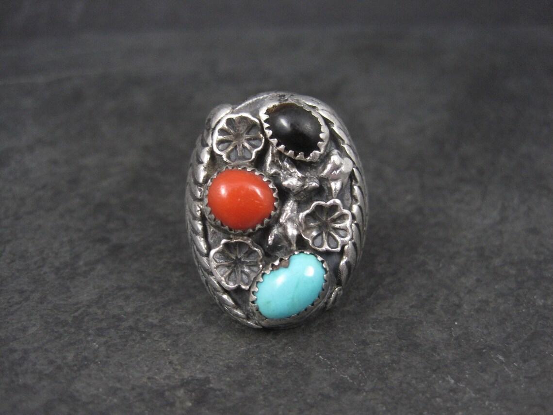 Heavy Vintage Navajo Coral Turquoise Tigers Eye Ring Frances Jones For Sale 3