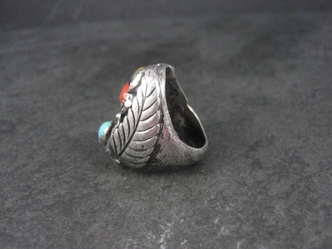 Native American Heavy Vintage Navajo Coral Turquoise Tigers Eye Ring Frances Jones For Sale