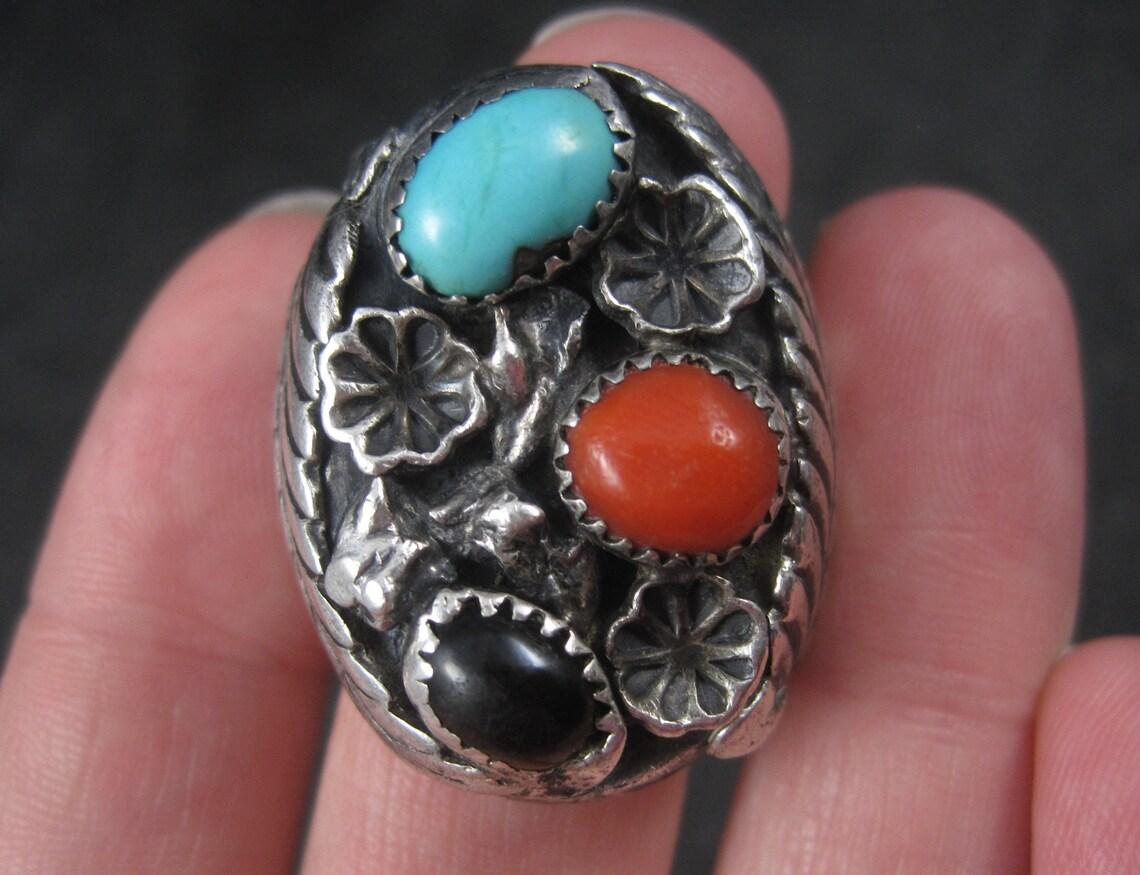Heavy Vintage Navajo Coral Turquoise Tigers Eye Ring Frances Jones For Sale 1