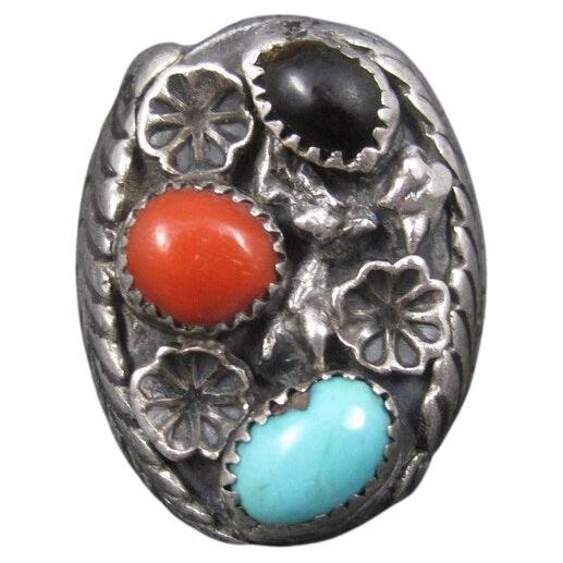 Heavy Vintage Navajo Coral Turquoise Tigers Eye Ring Frances Jones For Sale