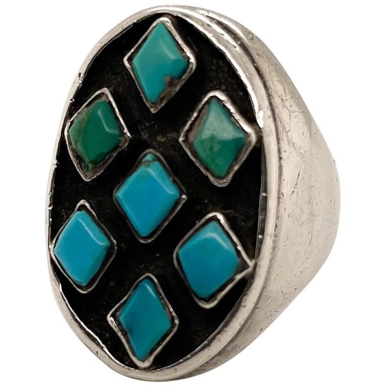 Heavy Vintage Old Pawn Navajo Sterling Silver and Turquoise Ring at 1stDibs