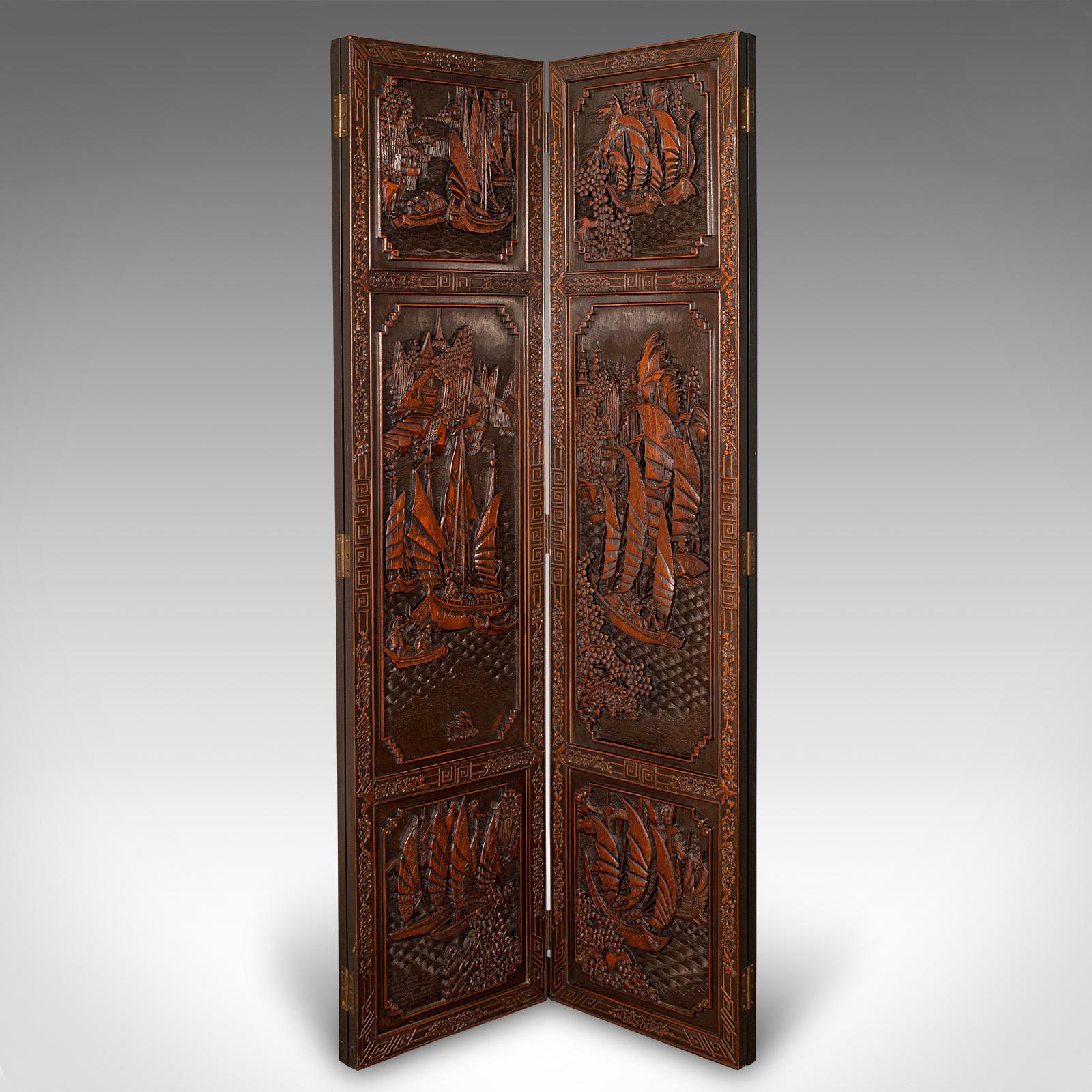 Chinese Export Heavy Vintage Privacy Screen, Chinese, Carved, 4 Fold, Room Divider, Art Deco