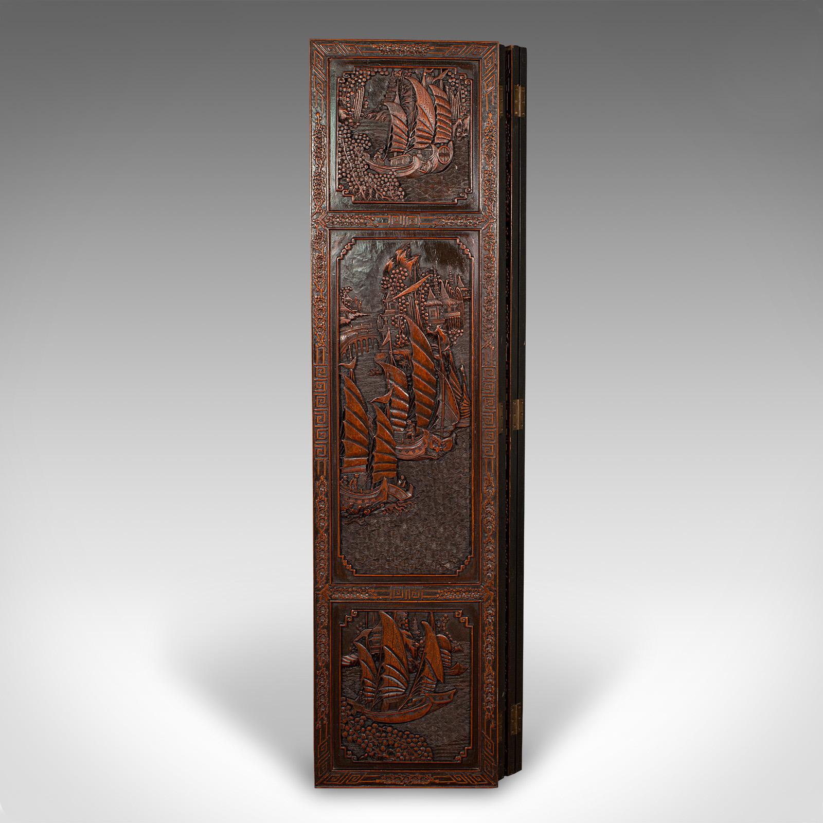 Mid-20th Century Heavy Vintage Privacy Screen, Chinese, Carved, 4 Fold, Room Divider, Art Deco