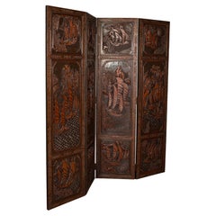 Heavy Vintage Privacy Screen, Chinese, Carved, 4 Fold, Room Divider, Art Deco