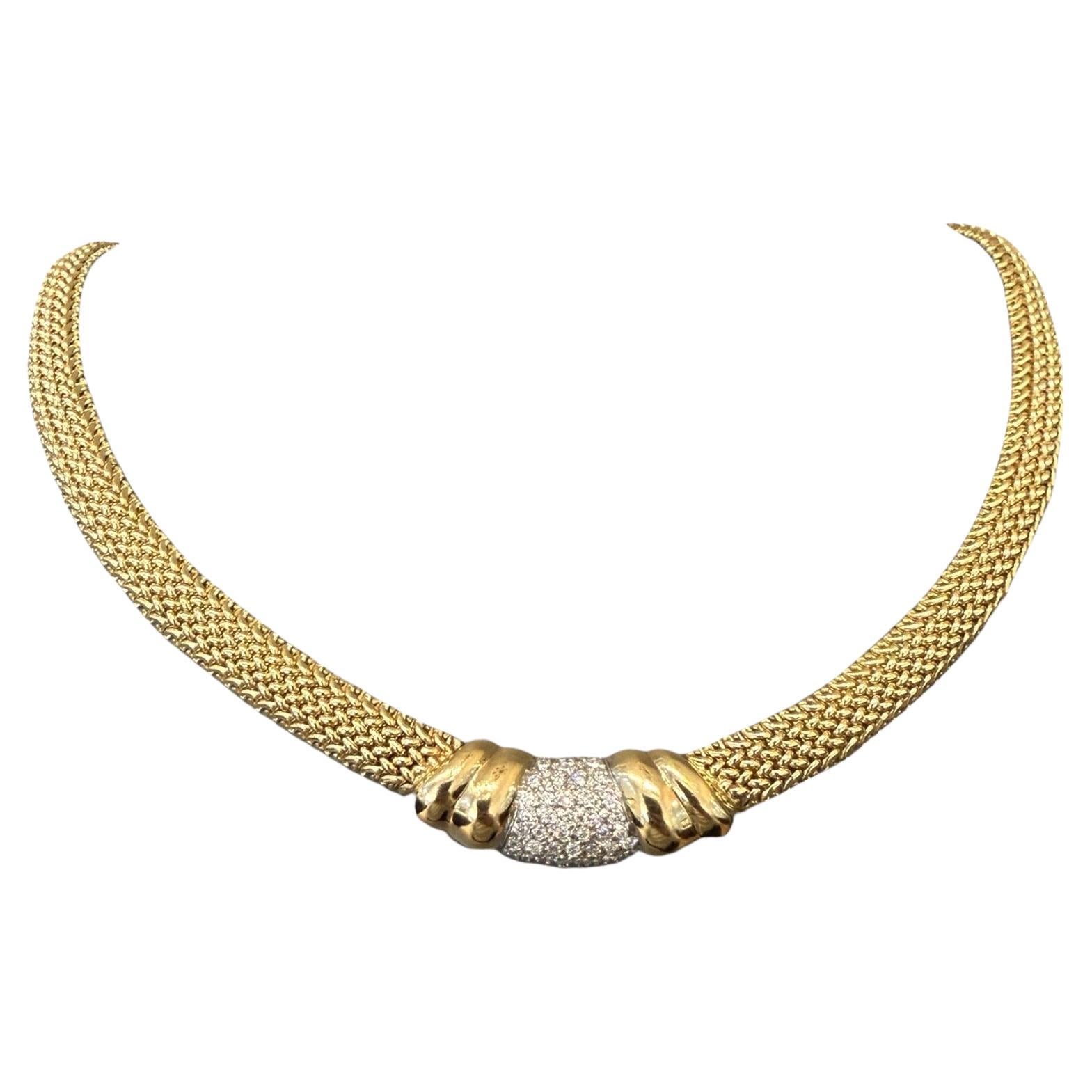 Vintage Woven Mesh Necklace 14K Yellow Gold Heavy with 1.00ct Diamonds