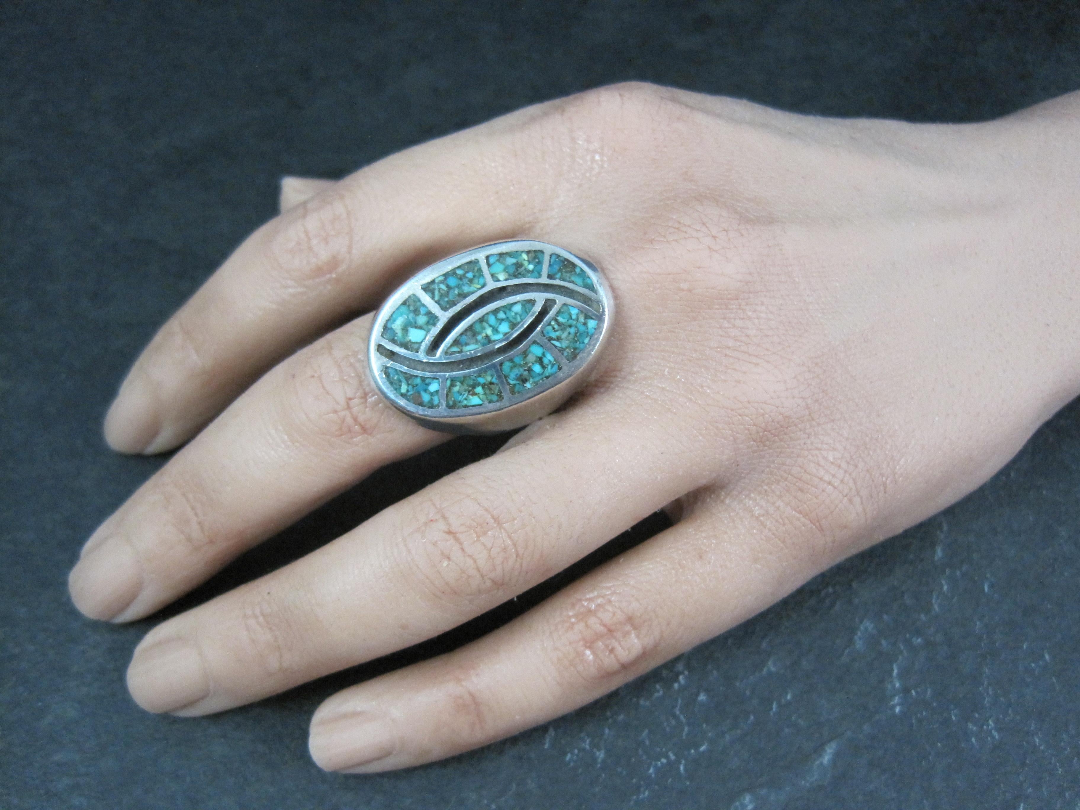 Anello pesante d'epoca con intarsio di trucioli di turchese del sud-ovest, misura 9,5 in vendita 9