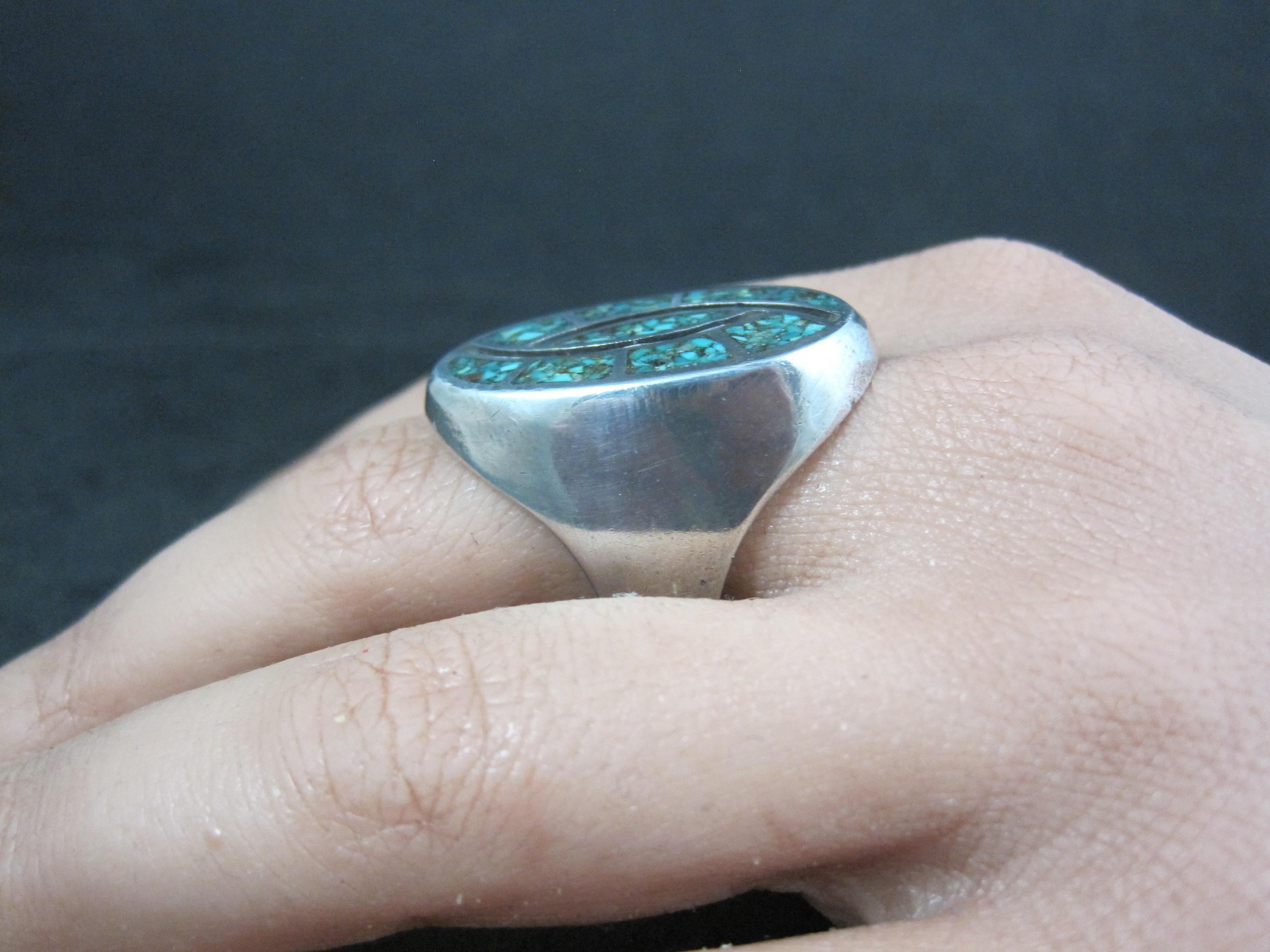 Anello pesante d'epoca con intarsio di trucioli di turchese del sud-ovest, misura 9,5 in vendita 11