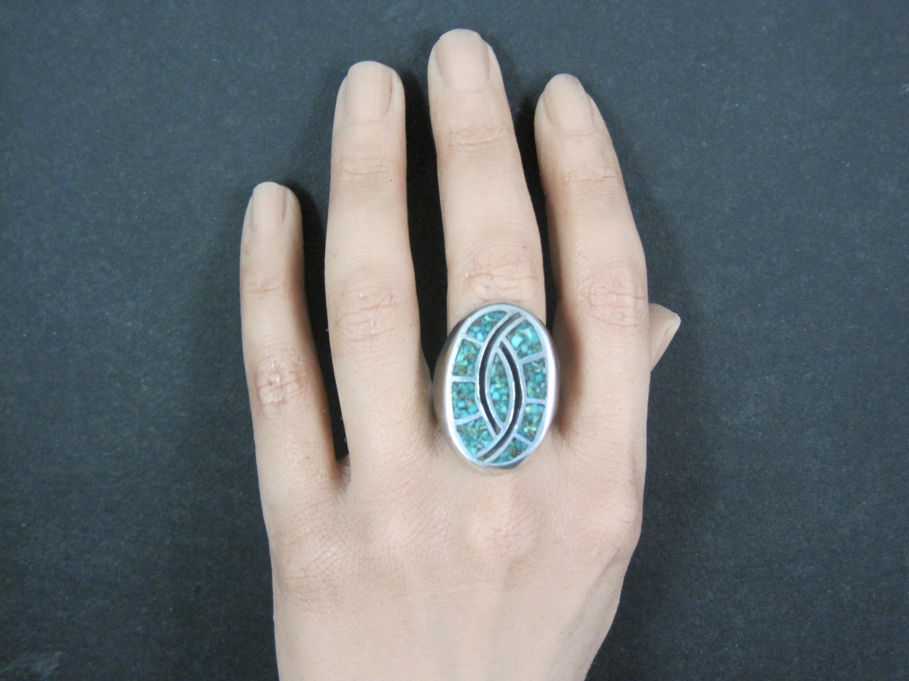 Anello pesante d'epoca con intarsio di trucioli di turchese del sud-ovest, misura 9,5 in vendita 13