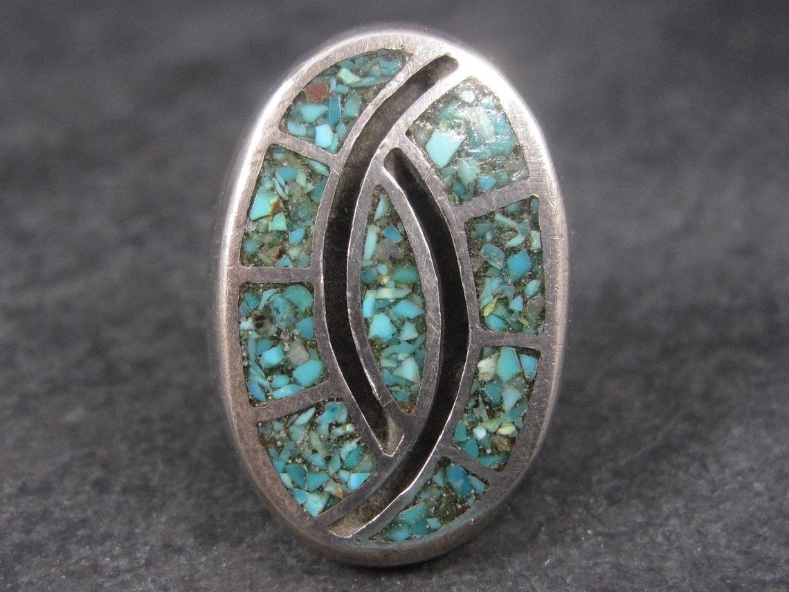 Native American Heavy Vintage Southwestern Turquoise Chip Inlay Ring Size 9.5 For Sale