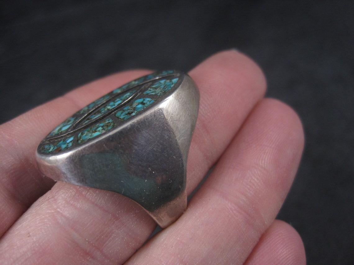 Heavy Vintage Southwestern Turquoise Chip Inlay Ring Size 9.5 For Sale 3