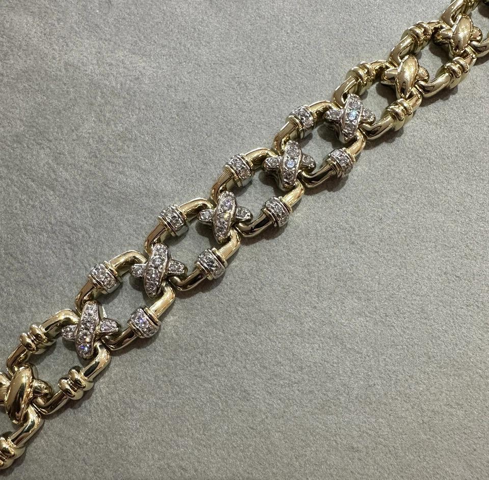 Women's Heavy Vintage X Bracelet with Diamond Links in 18k Yellow Gold For Sale
