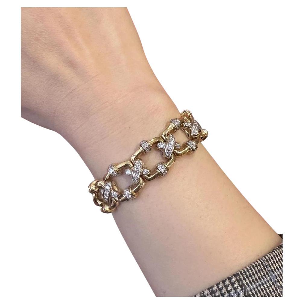 Heavy Vintage X Bracelet with Diamond Links in 18k Yellow Gold