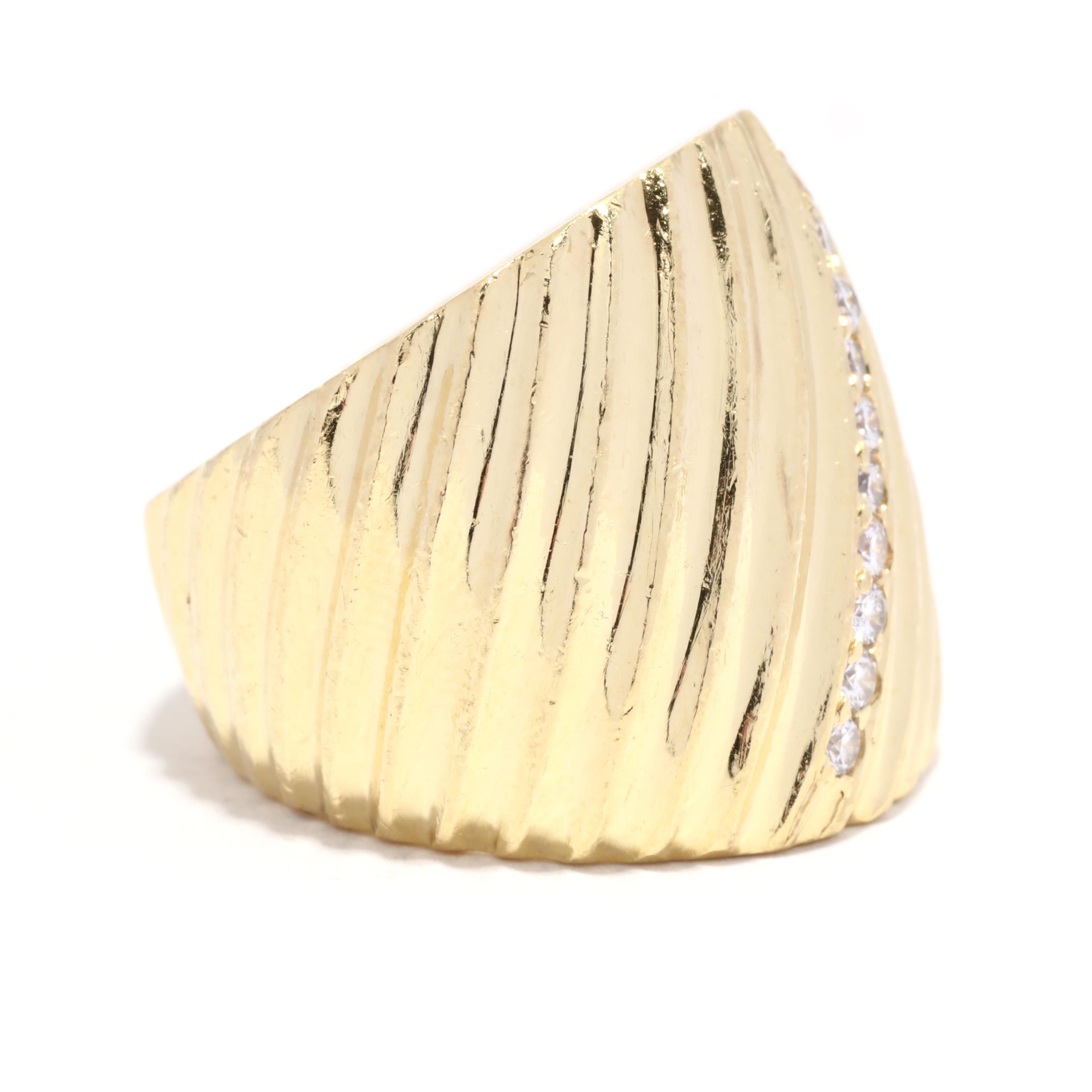 A vintage 18 karat yellow gold heavy wide diamond ridged ring. This solid gold ring features a wide tapered design with a diagonal ridged motif set with a row of round brilliant cut diamonds weighing approximately .20 total carats.

Stones:
-