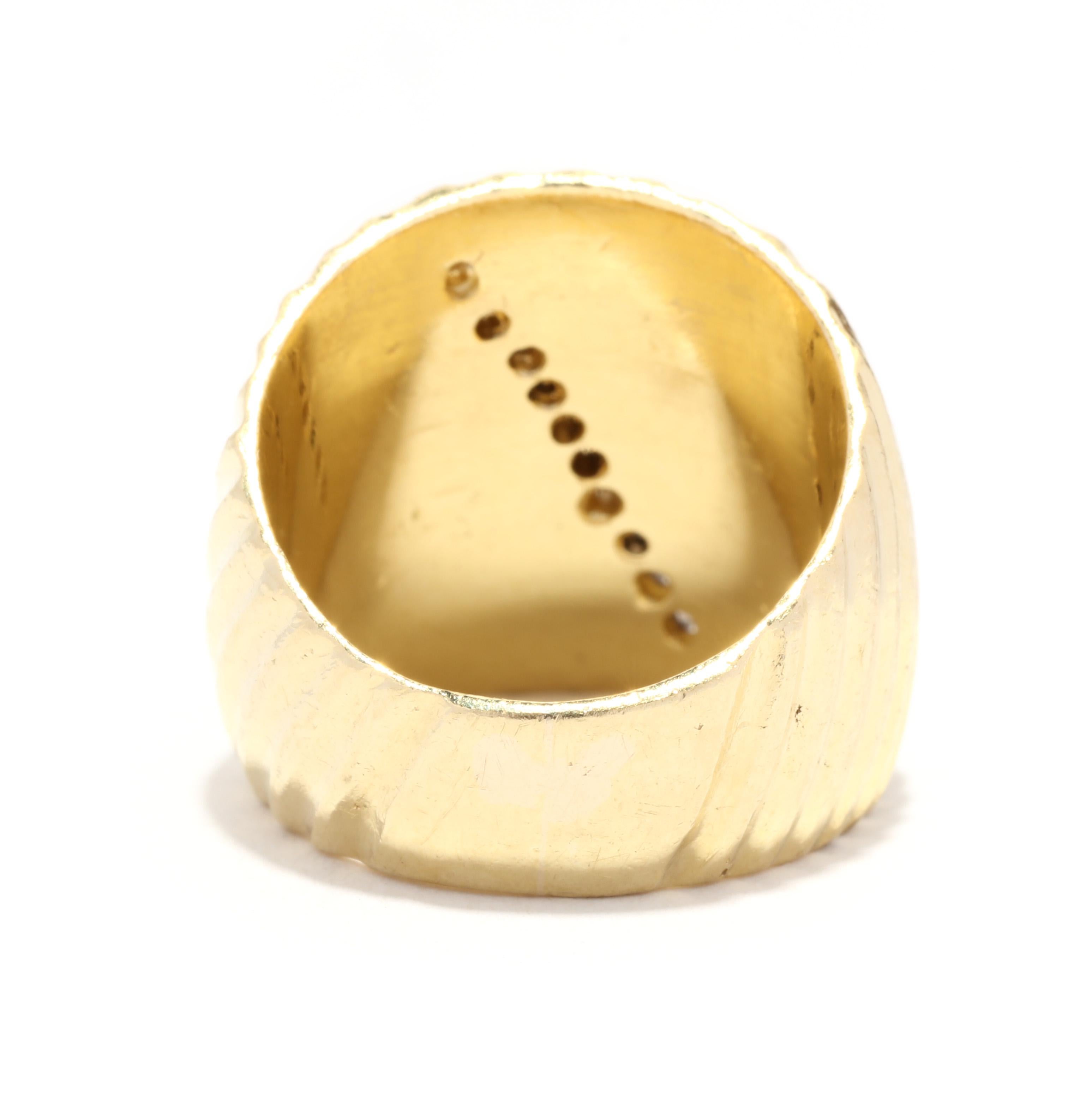 Schwerer, breiter, geriffelter Diamantring, 18K Gelbgold, Ring Größe 5,75 (Brillantschliff) im Angebot