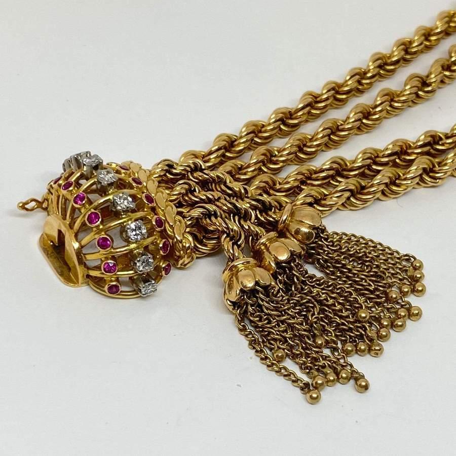 Heavy Wide Rope Tassel Diamond & Ruby Estate Bracelet 18k 138 Grams In Excellent Condition For Sale In Carmel-by-the-Sea, CA