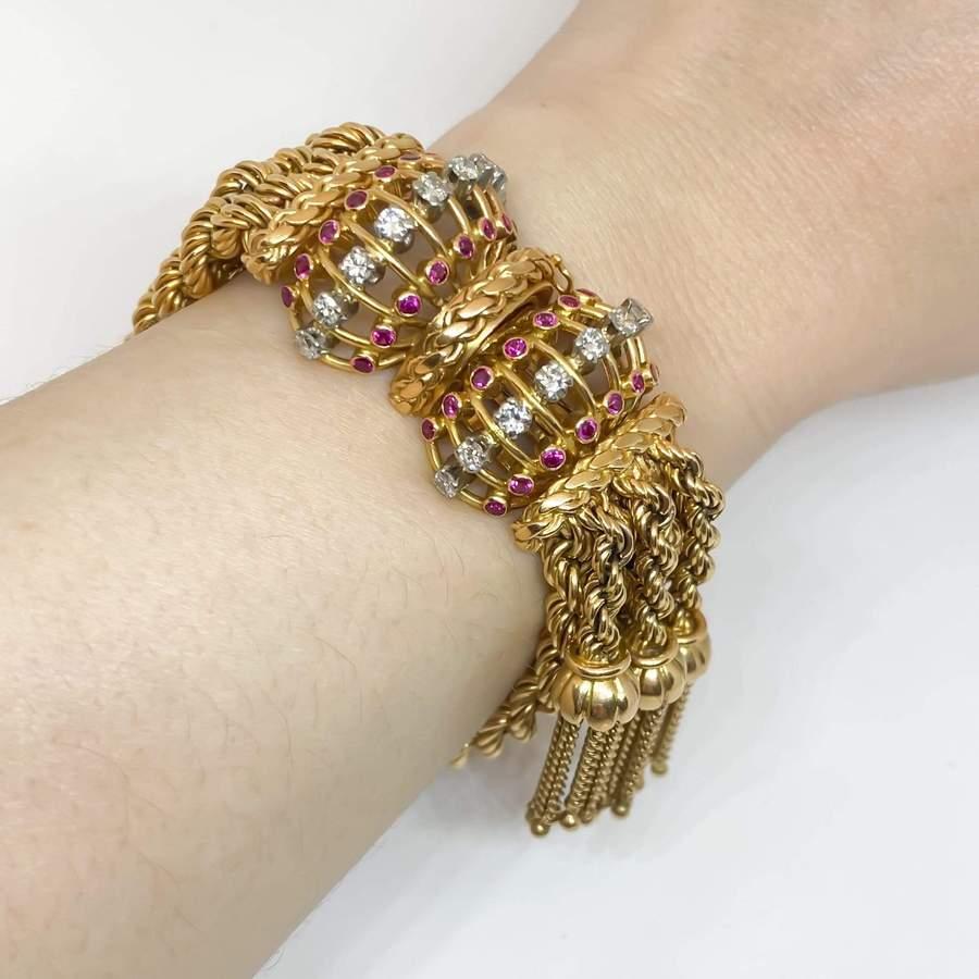 Heavy Wide Rope Tassel Diamond & Ruby Estate Bracelet 18k 138 Grams For Sale 1