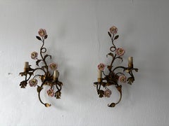Heavy Wrought Iron Roses Pink Yellow Gilt Italian Sconces, c 1900