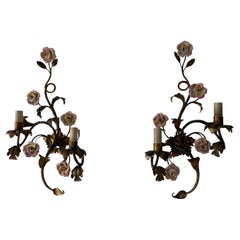 Heavy Wrought Iron Roses Pink Yellow Gilt Italian Sconces, c 1900