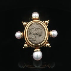 Heavy Yellow Gold Oval Lava Cameo Lady Portrait w/ Pearl Pin Brooch Pendant