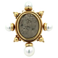 Heavy Yellow Gold Oval Lava Cameo Lady Portrait w/ Pearl Pin Brooch Pendant
