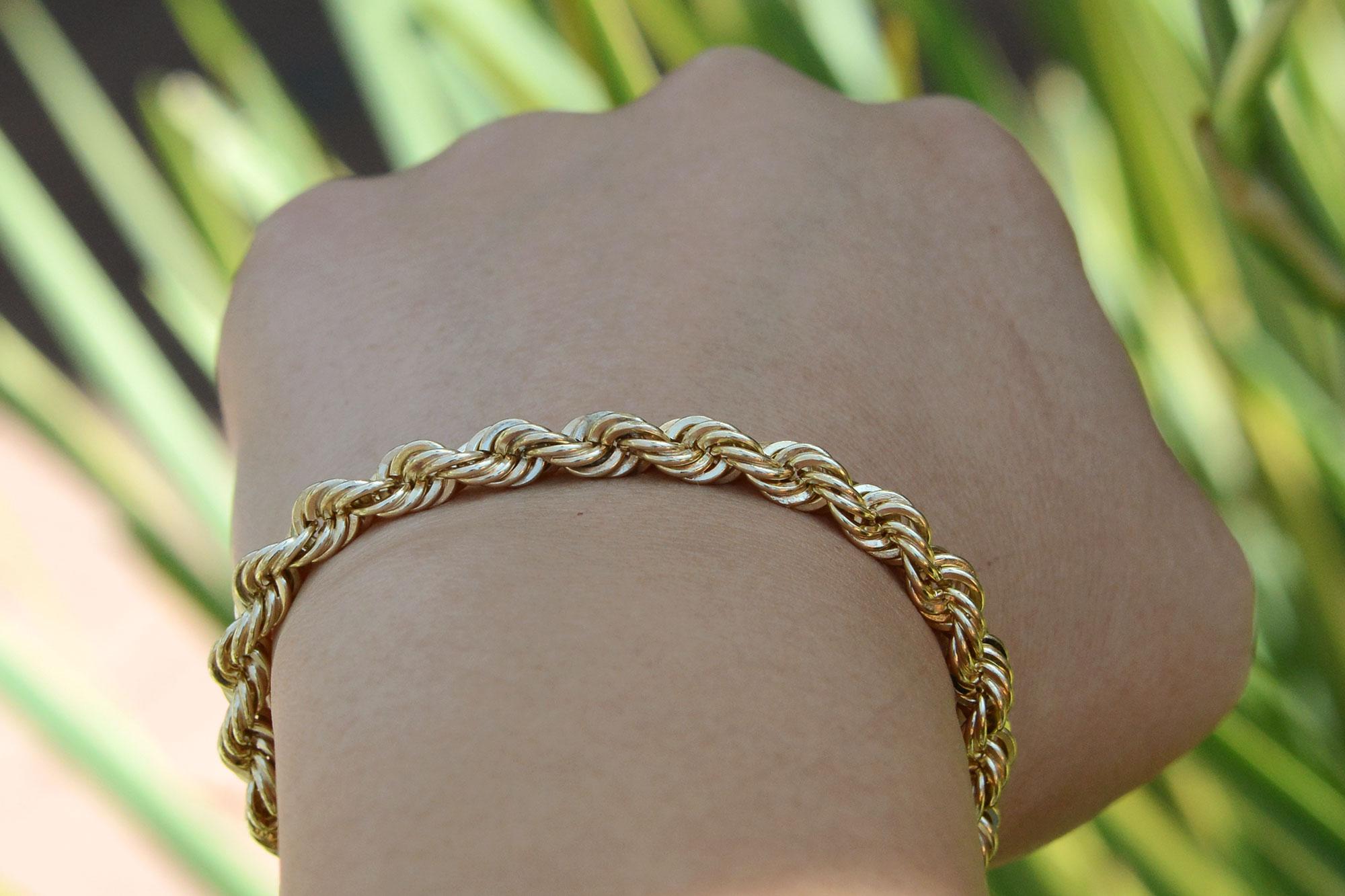 Retro Heavy Yellow Gold Solid Rope Chain Unisex Bracelet For Sale
