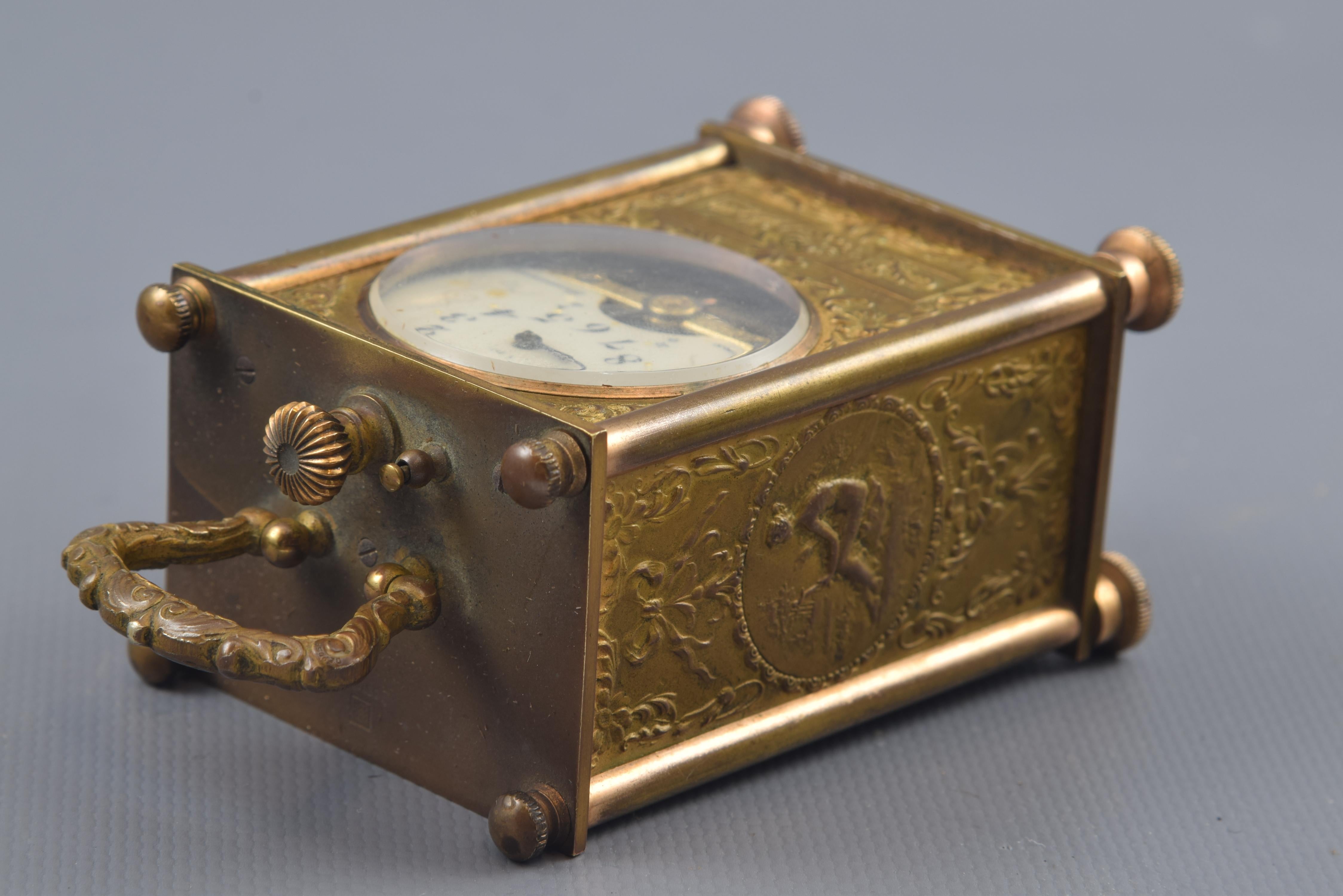 French Hebdomas Carriage Clock ‘8 Jours’, Bronze, Etc, France, circa 1900