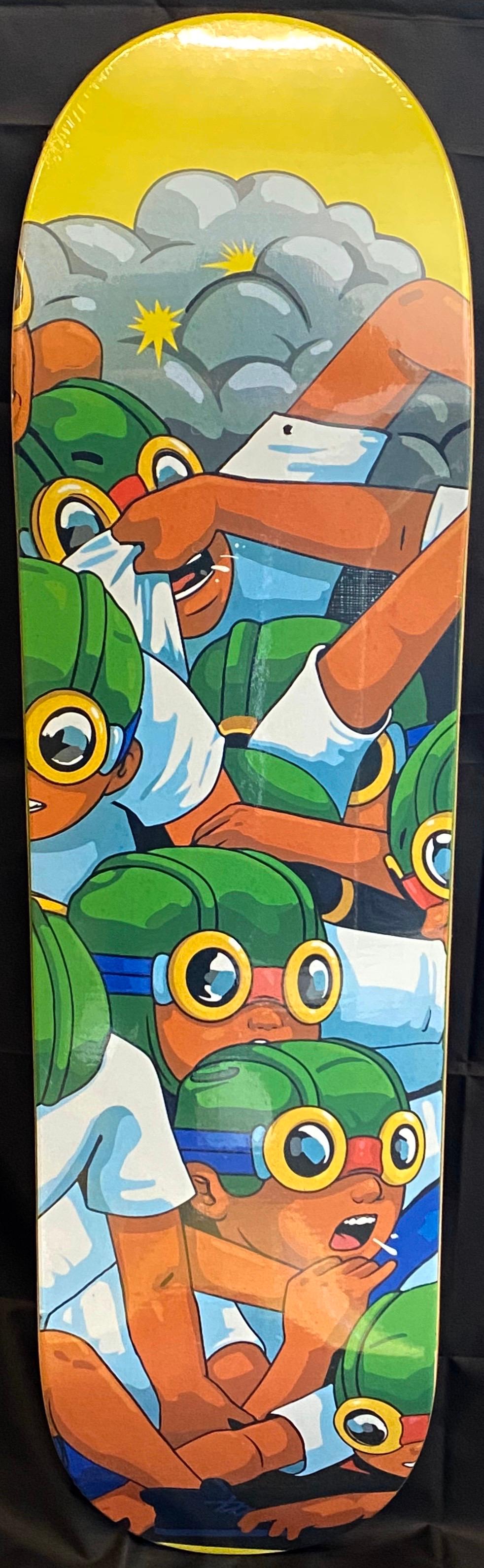 Hebru Brantley Fly Boy Skateboard Deck:

Medium: Silkscreen on maple wood skateboard deck. 
Approximate Dimensions: 8.25 x 32 inches. 
Excellent condition (in original shrink wrap). 
From a sold out limited series of unknown.
Published by Hebru