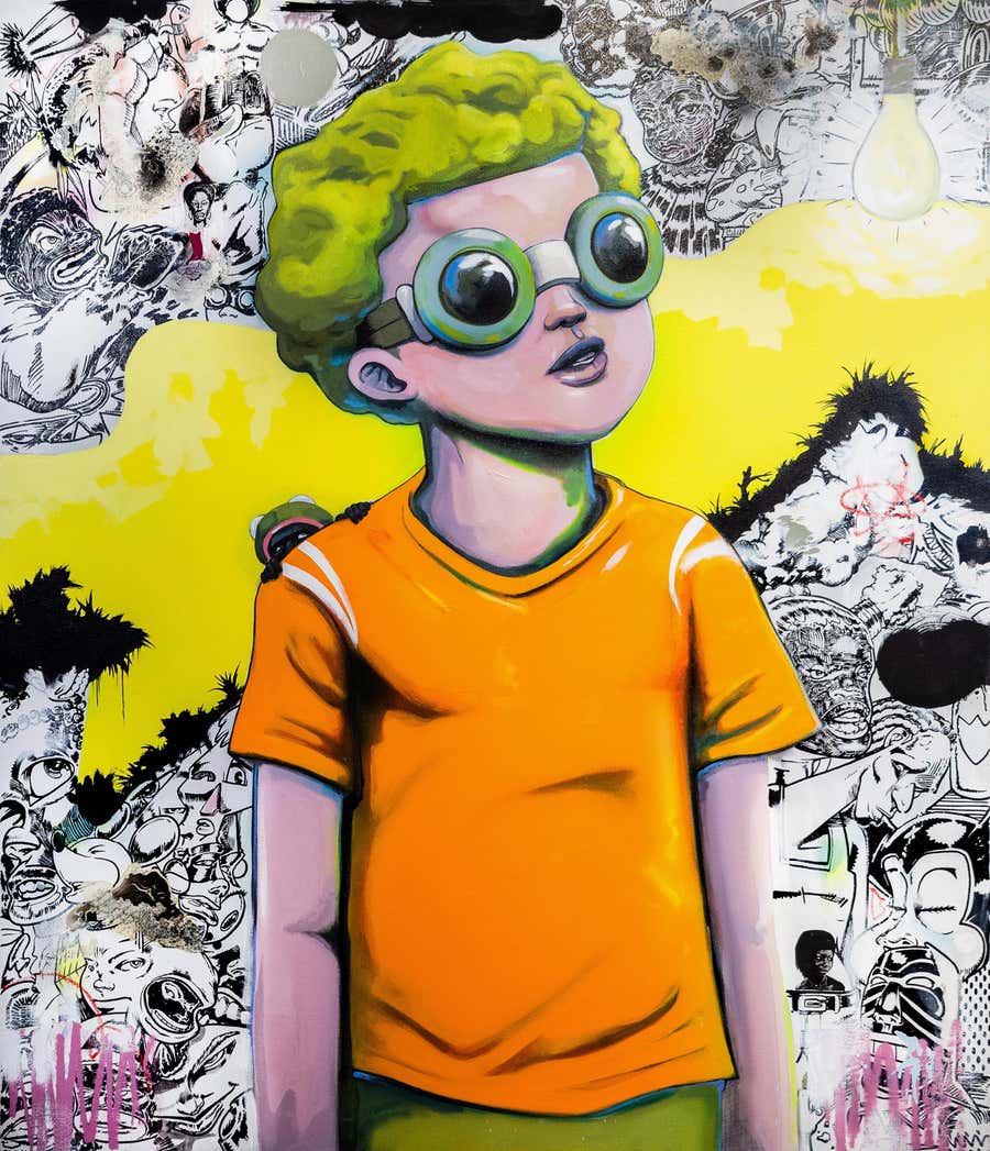 Broccoli Boy Acrylic Painting, Unique Signed Artwork, 2019, 48x40 in