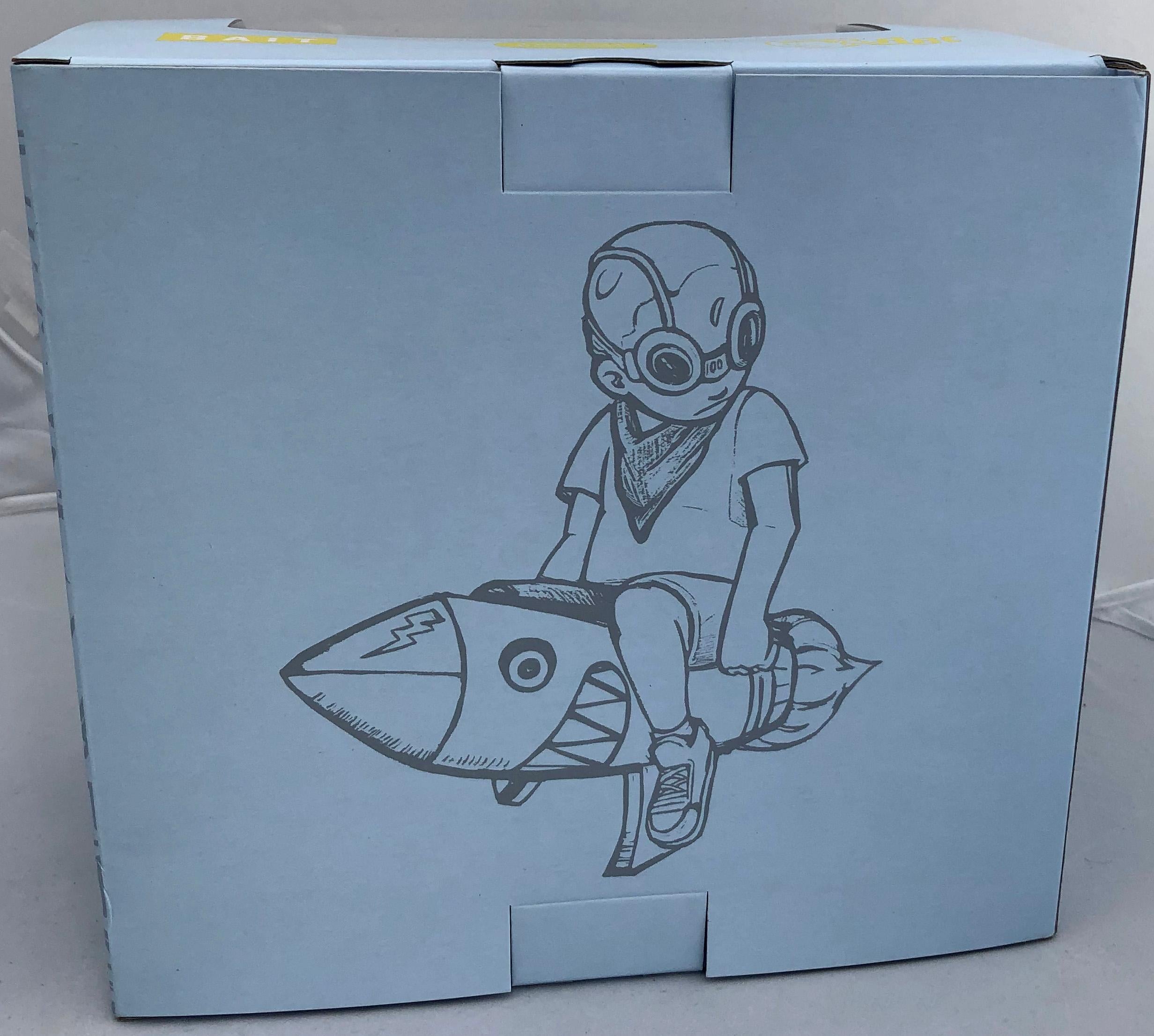 Hebru Brantley Flyboy Pop Art Sculpture / Hebru Brantley Beyond the Beyond, 2018. New in its original packaging.

Medium: Painted cast vinyl. 
Dimensions: 9 x 8 x 4 inches (22.9 x 20.3 x 10.2 cm). 
New, never displayed; accompanied by original