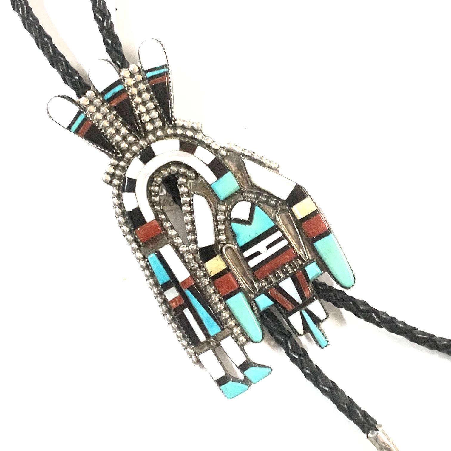 Mixed Cut Navajo Sterling Coral Turquoise Onyx Bolo Jewelry By Hecili Icion Estate CCBOLO1