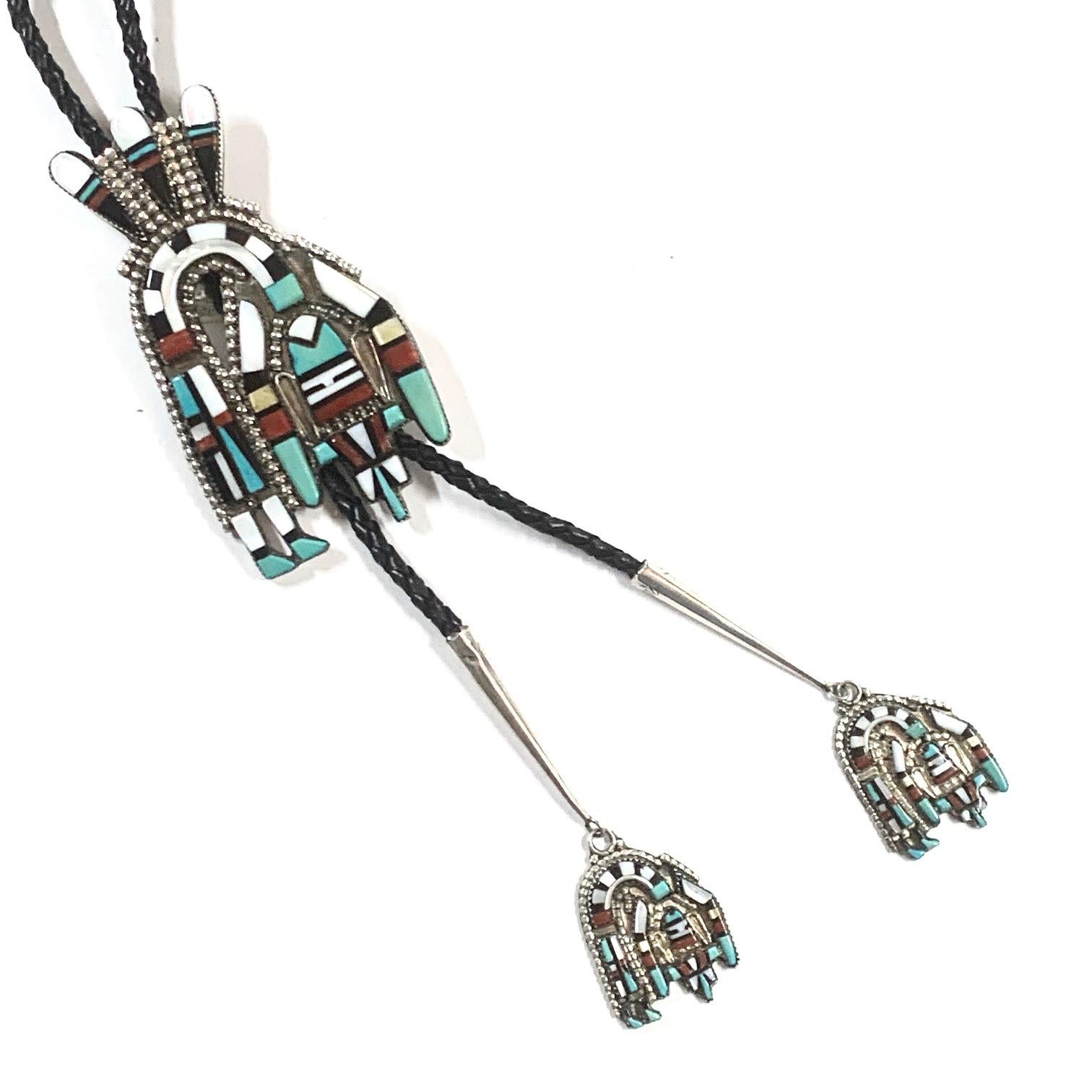 Navajo Sterling Coral Turquoise Onyx Bolo Jewelry By Hecili Icion Estate CCBOLO1 In New Condition In Brooklyn, NY