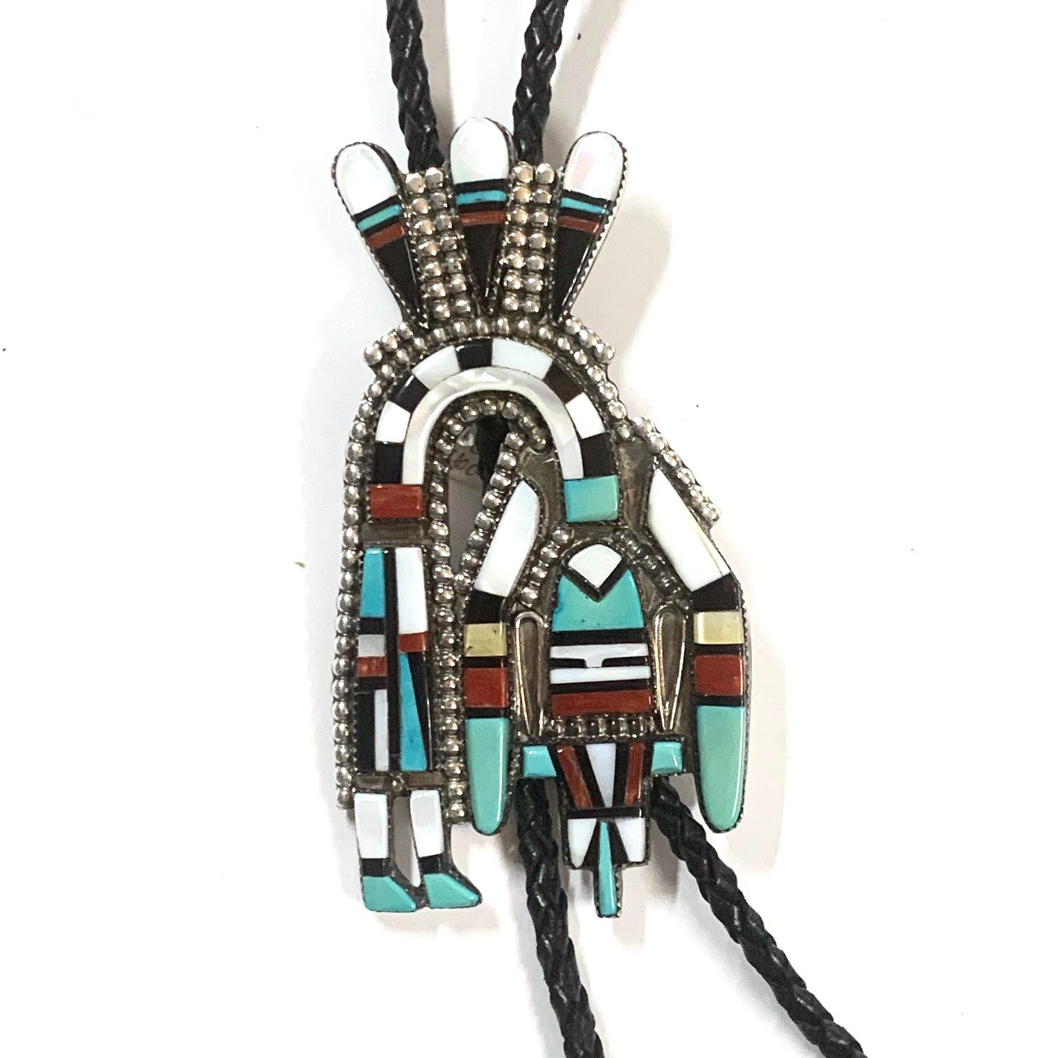 Women's or Men's Navajo Sterling Coral Turquoise Onyx Bolo Jewelry By Hecili Icion Estate CCBOLO1