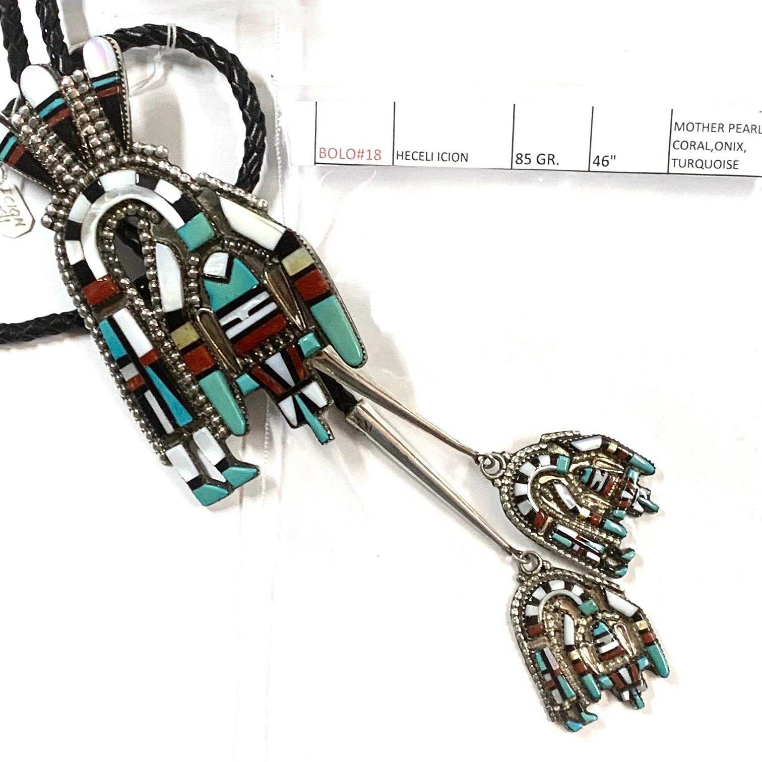 Navajo Sterling Coral Turquoise Onyx Bolo Jewelry By Hecili Icion Estate CCBOLO1 3