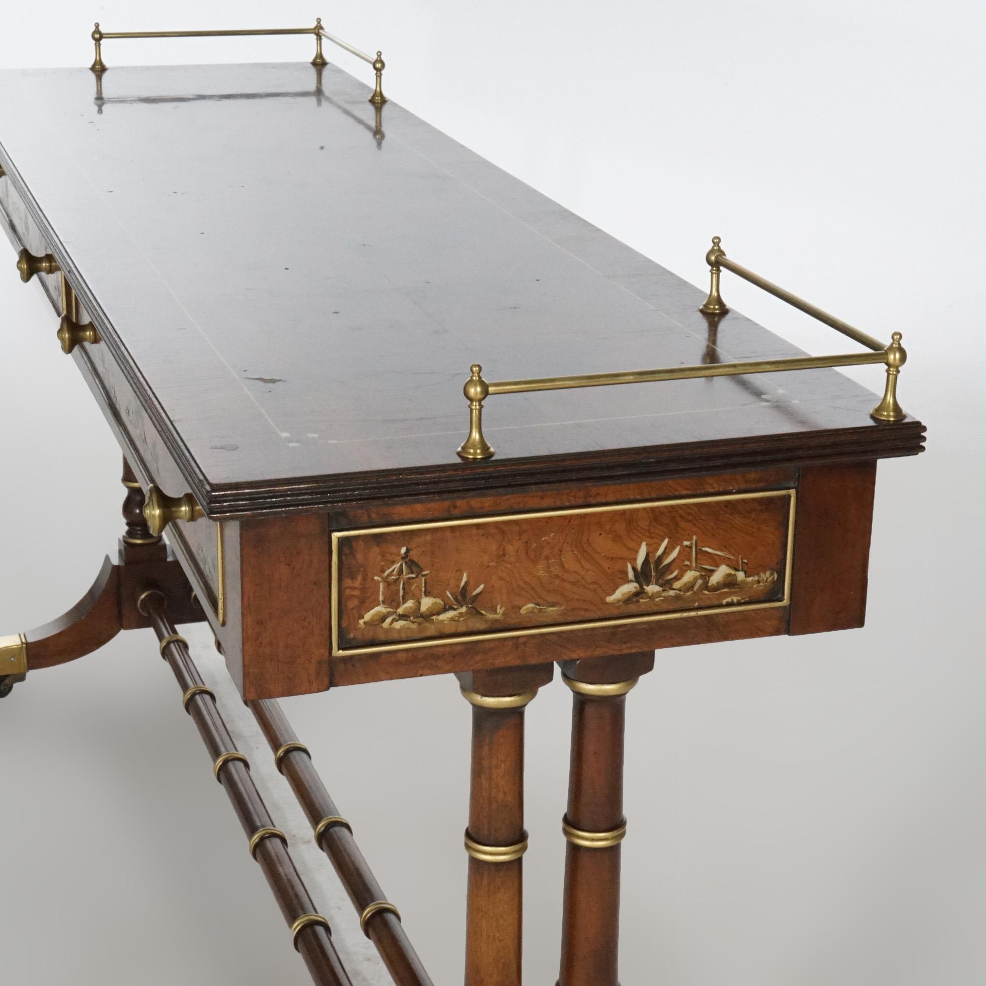 Heckman Burl & Mahogany chinoiserie Decorated Console Table, 20th Century 11
