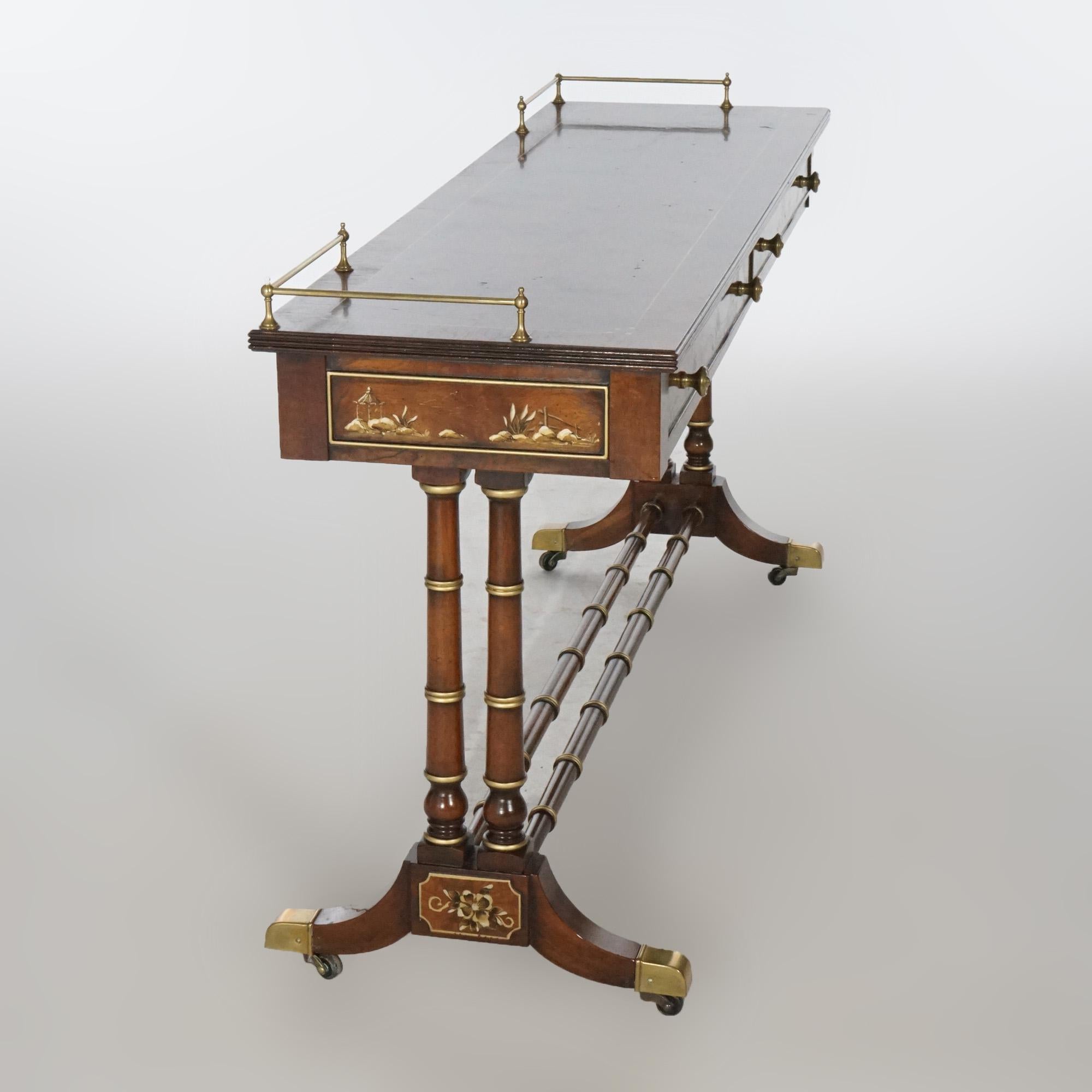 Chinoiserie Heckman Burl & Mahogany chinoiserie Decorated Console Table, 20th Century