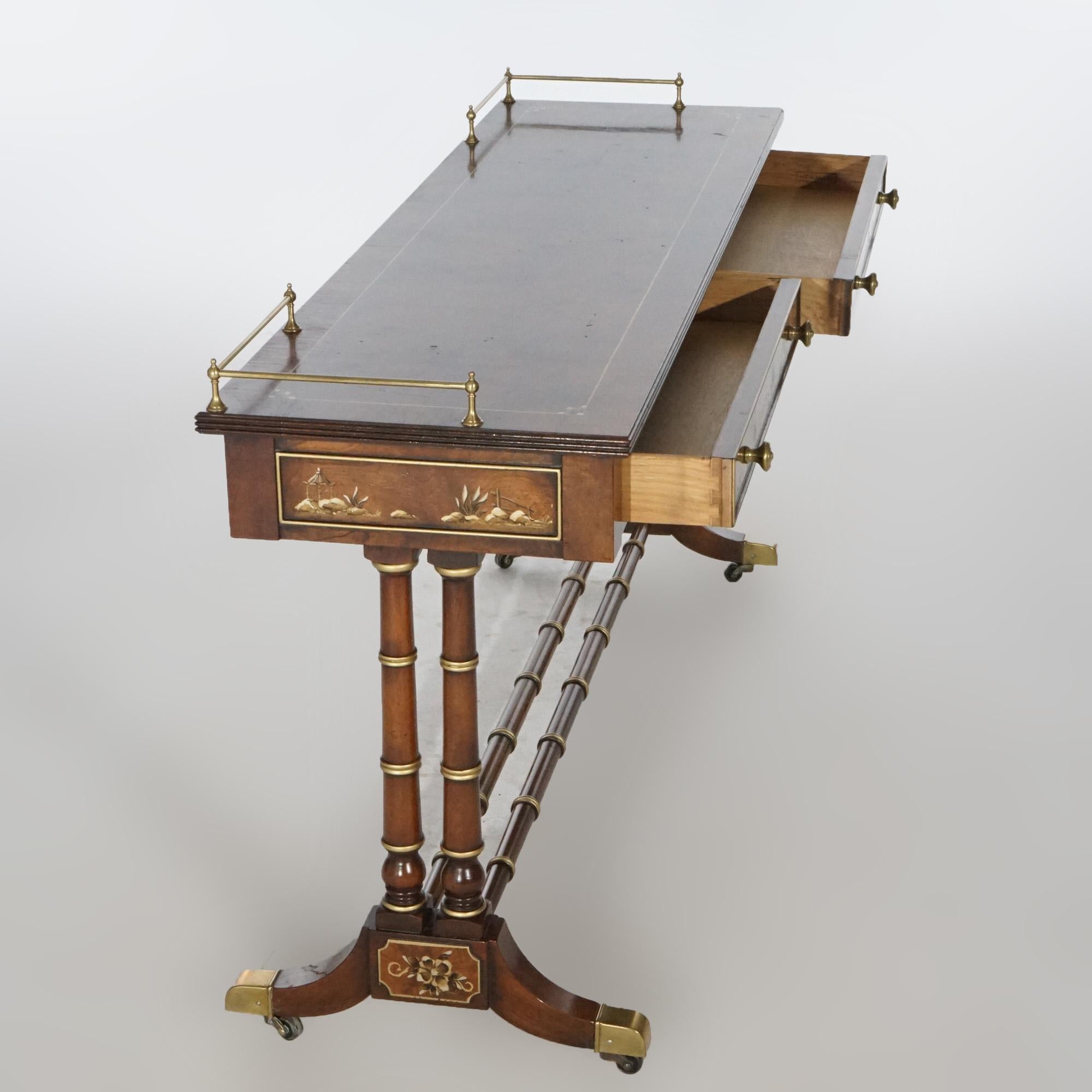 Heckman Burl & Mahogany chinoiserie Decorated Console Table, 20th Century In Good Condition In Big Flats, NY