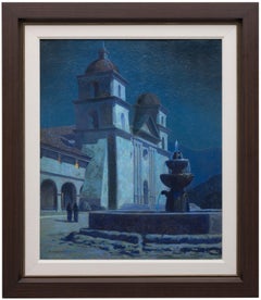 Santa Barbara Mission - Modern Architectural Oil on Canvas Painting, 1930