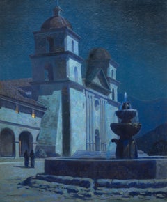 Santa Barbara Mission - Modern Architectural Oil on Canvas Painting, 1930