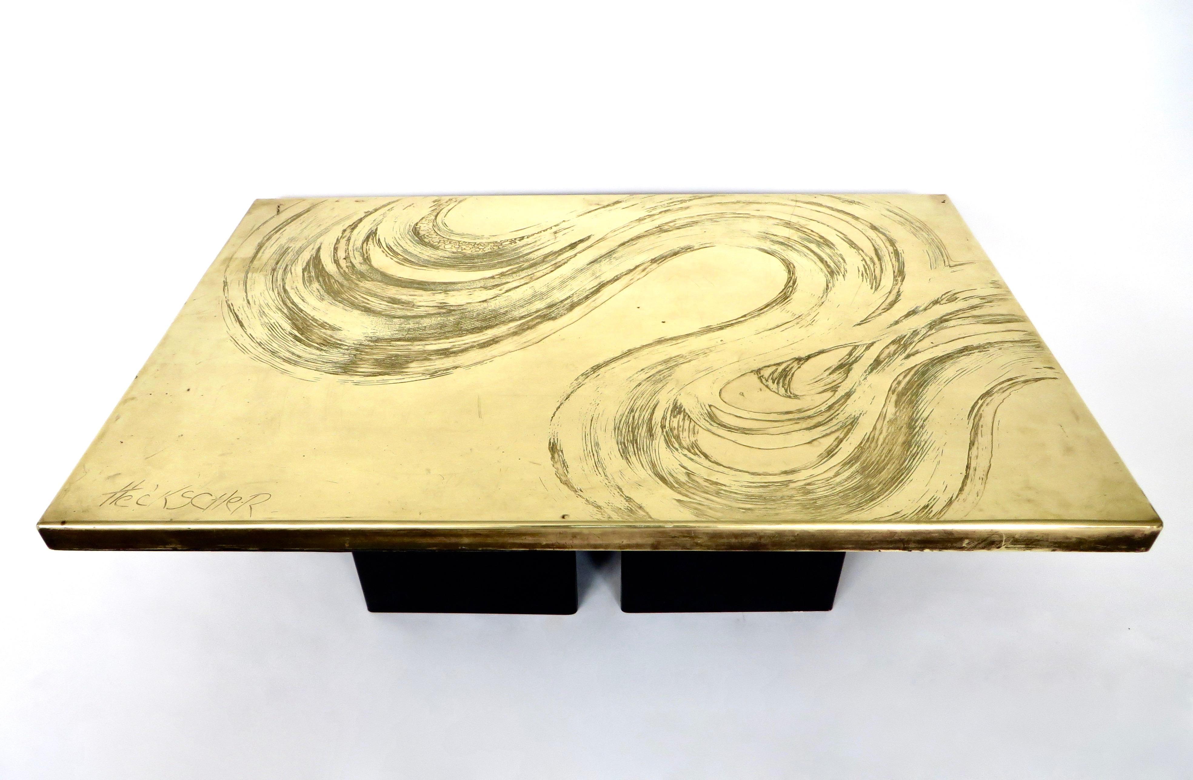 Heckscher Etched Brass Coffee Table, Belgium, circa 1970 6