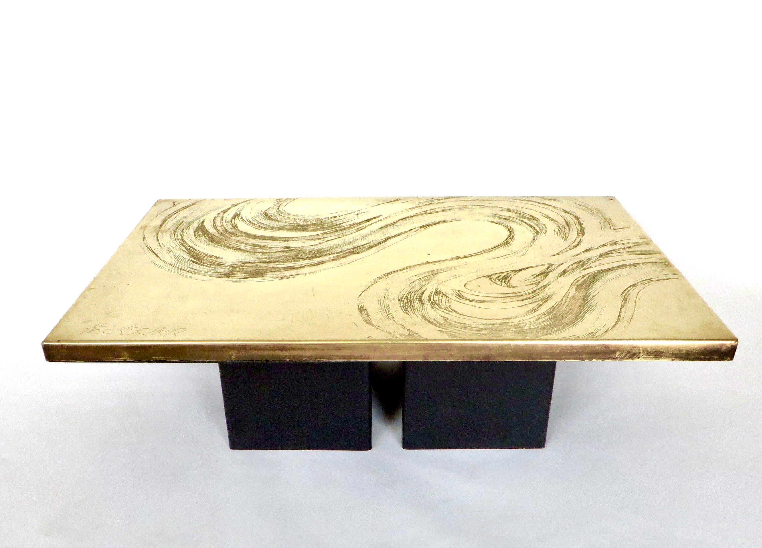 Mid-Century Modern Heckscher Etched Brass Coffee Table, Belgium, circa 1970