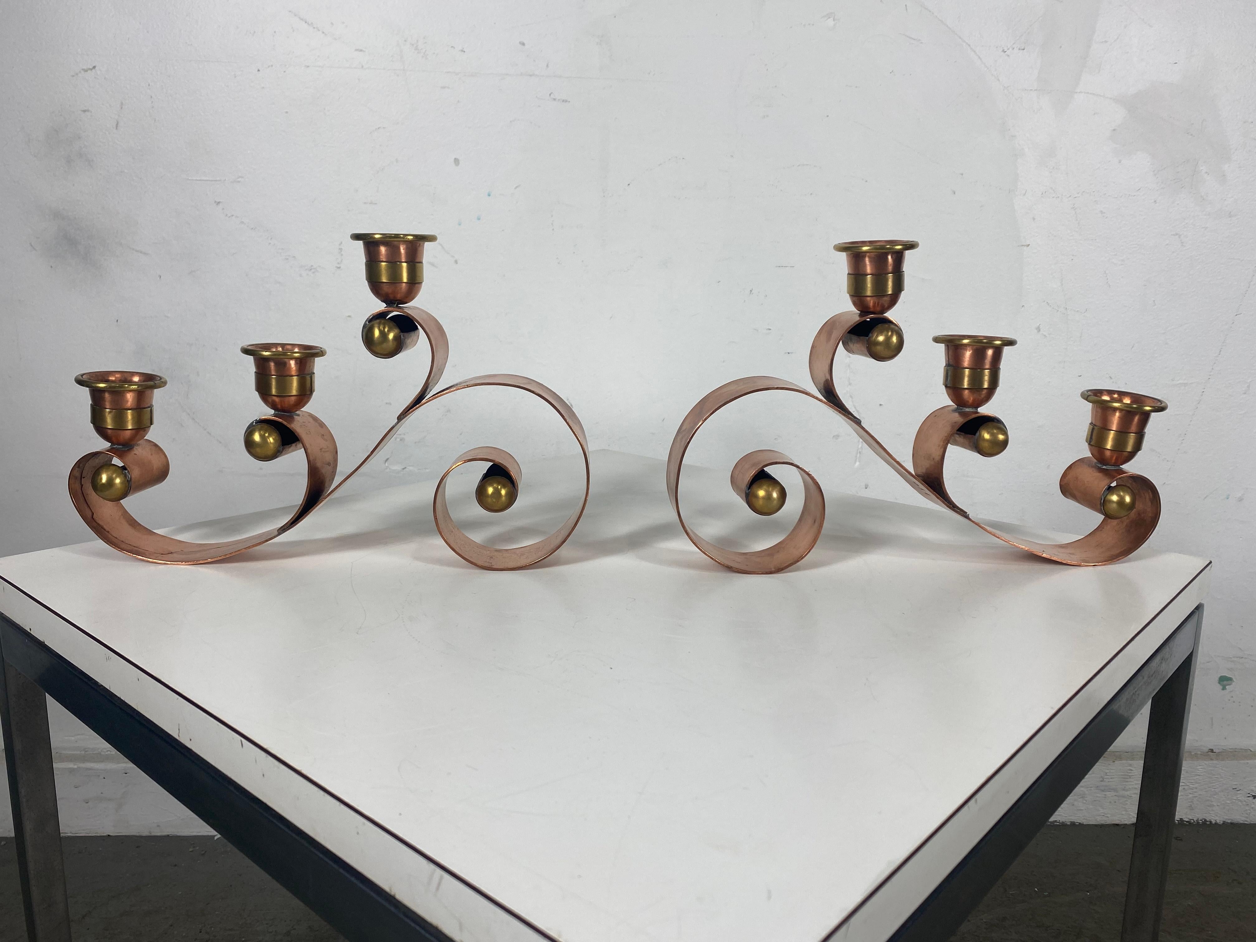 Mid-Century Modern Hector Aguilar Copper Brass Scroll Candelabra, Taxco Mexico, Early 1940 For Sale