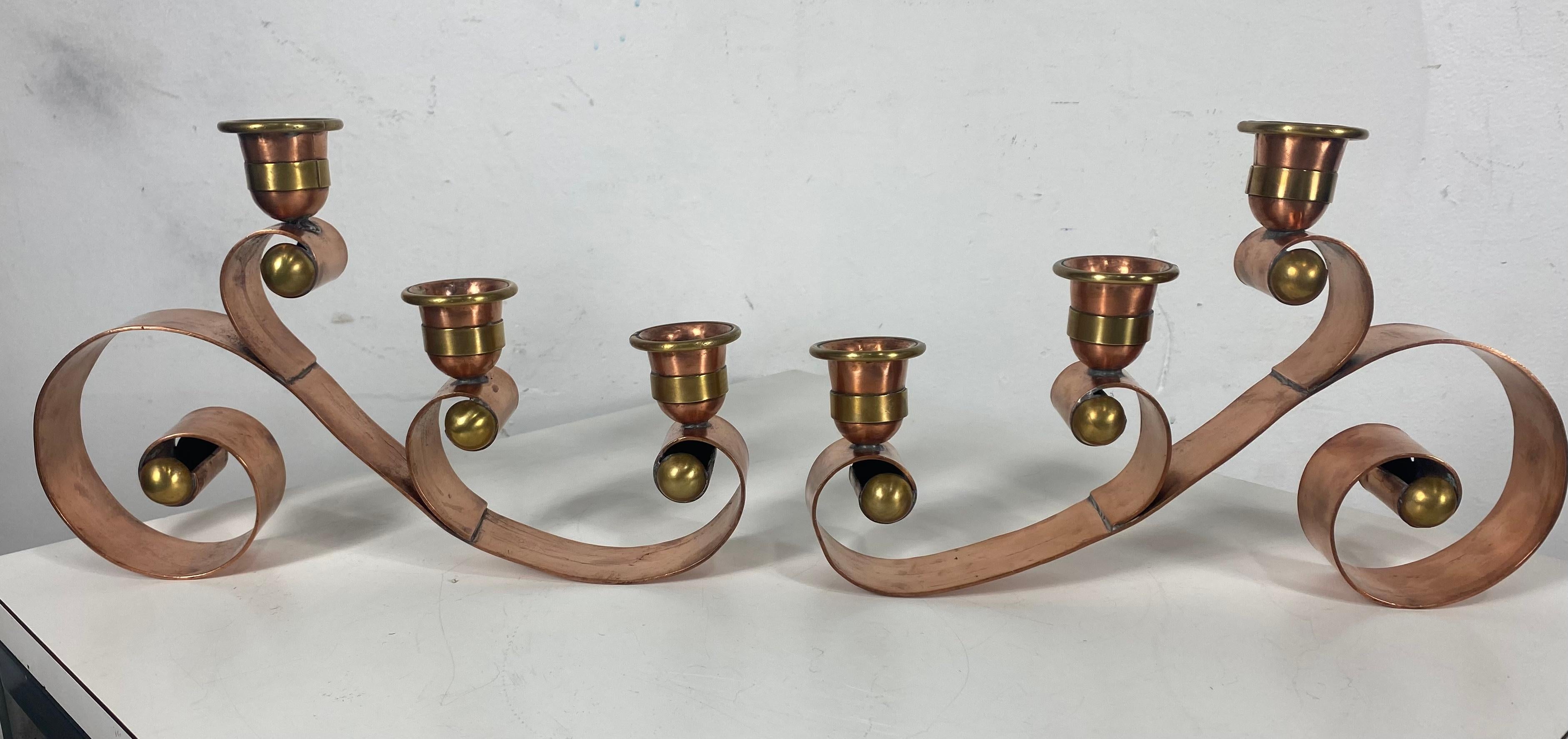Mexican Hector Aguilar Copper Brass Scroll Candelabra, Taxco Mexico, Early 1940 For Sale