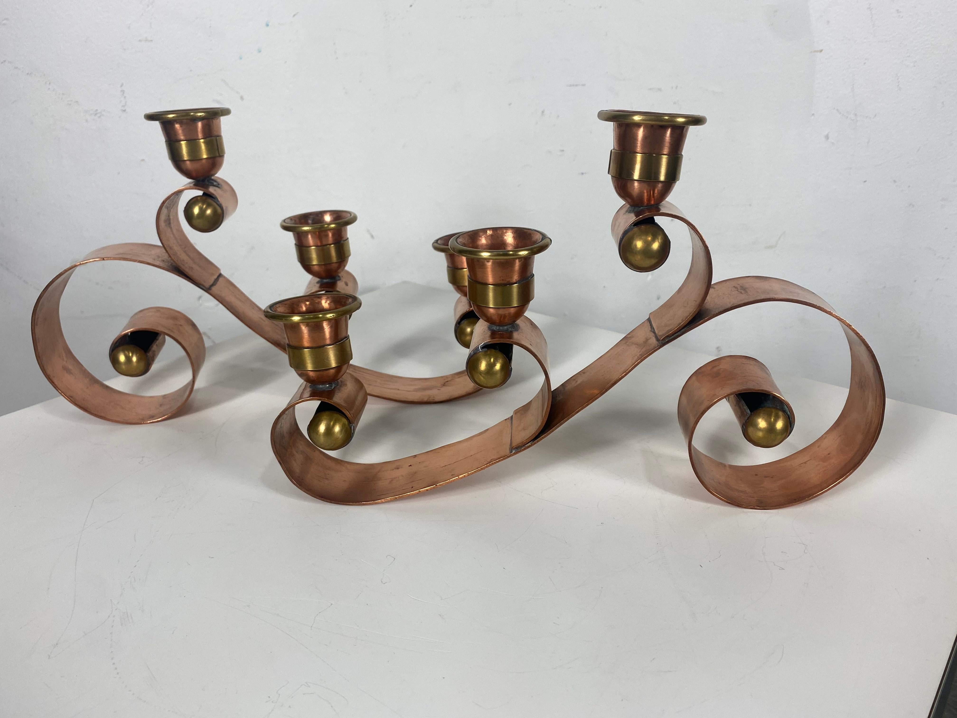 Silver Hector Aguilar Copper Brass Scroll Candelabra, Taxco Mexico, Early 1940 For Sale
