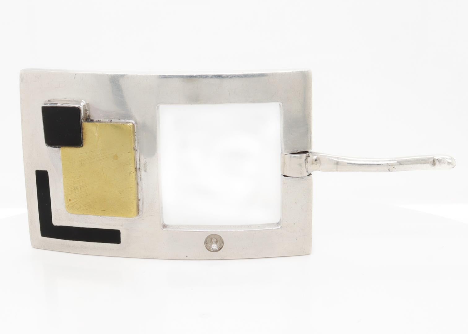 Hector Aguilar Mexican Modernist Sterling Silver, Gold, and Enamel Belt Buckle For Sale 3