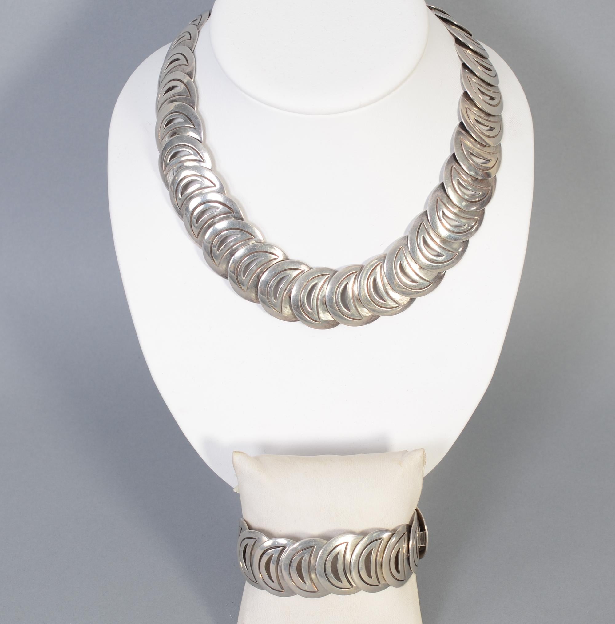 Modernist Hector Aguilar Silver Crescents Necklace and Bracelet For Sale